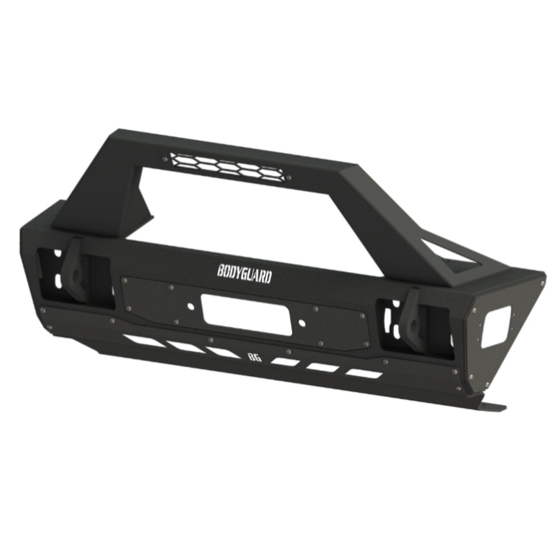 Bodyguard JL Front Bumper Stubby With Push Bar End Cap Light Cutouts With Camera Harness + Pod Texture Black Powder Coat Model 47077TNB