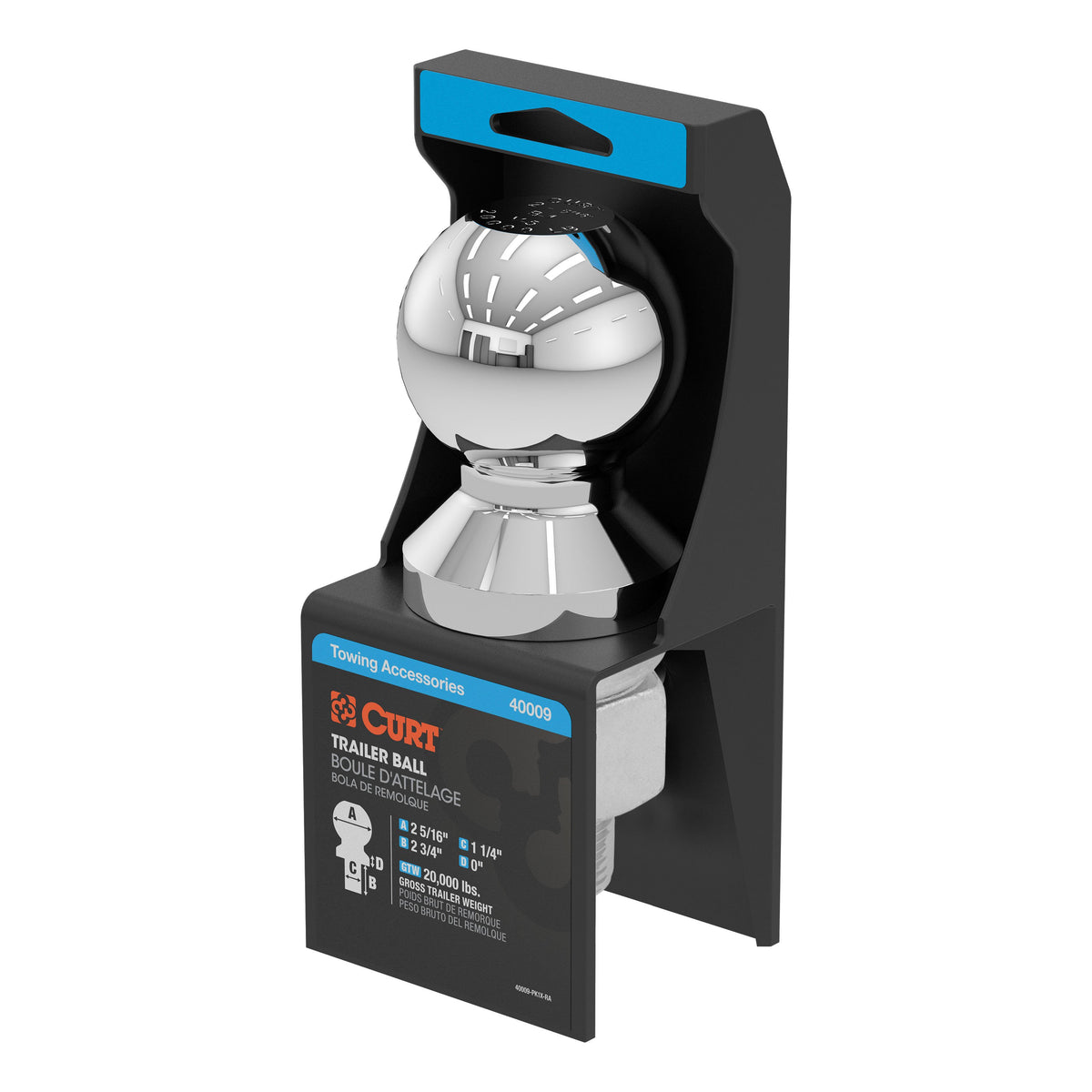 CURT Chrome Trailer Hitch Ball, 20,000 lbs, 2-5/16-Inch Diameter, 1-1/4 x 2-3/4-Inch Shank Model 40009