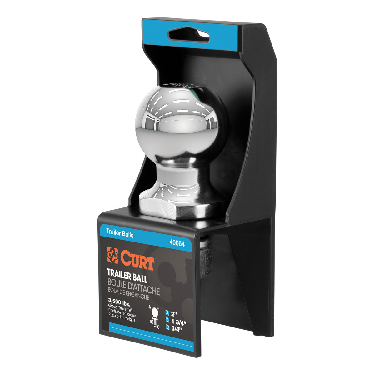 CURT Chrome Trailer Hitch Ball, 3,500 lbs, 2-Inch Diameter, 3/4 x 1-3/4-Inch Shank Model 40064