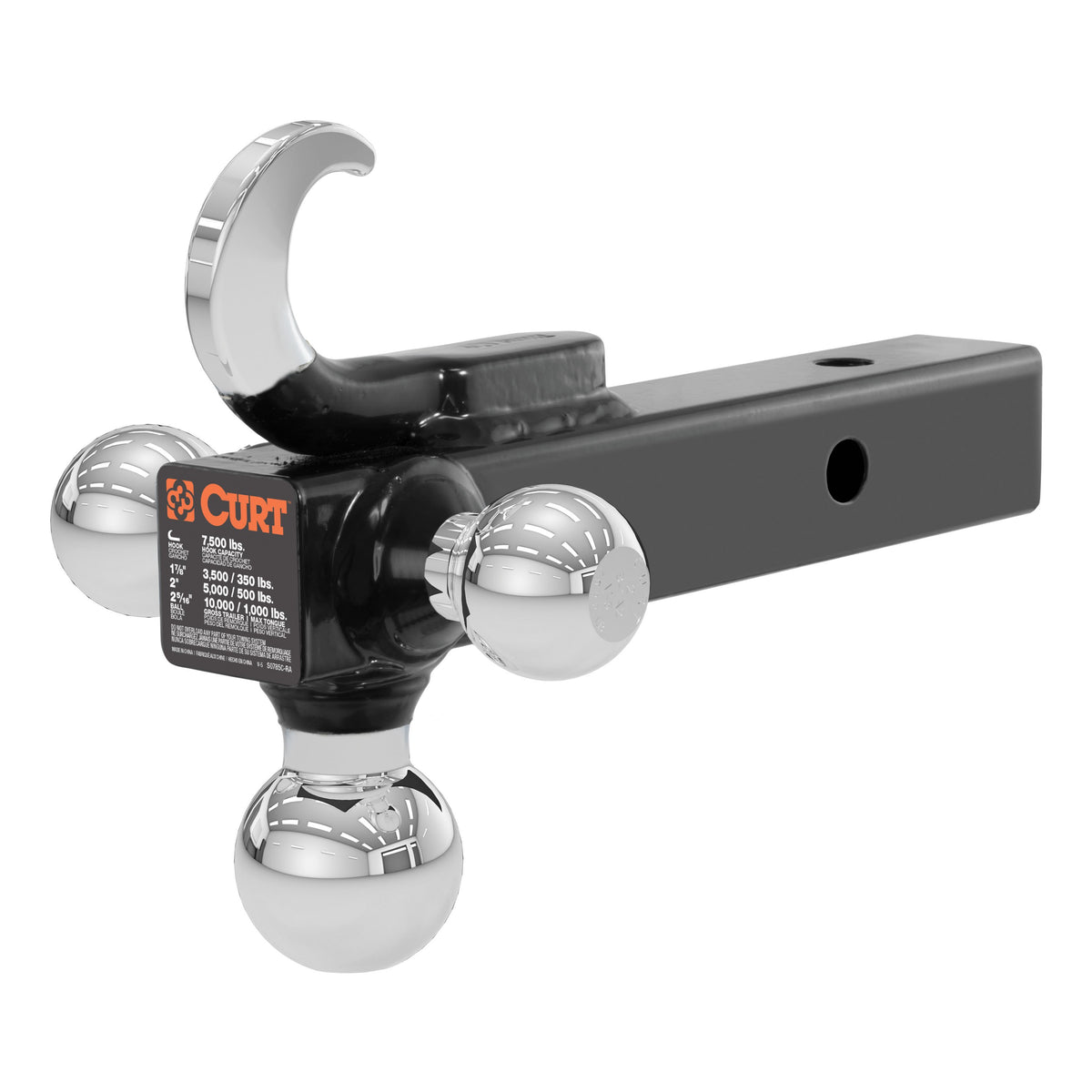 CURT Multi-Ball Trailer Hitch Ball Mount, 1-7/8, 2, 2-5/16-Inch Balls and Tow Hook, Fits 2-Inch Receiver, 10,000 lbs Model 45675
