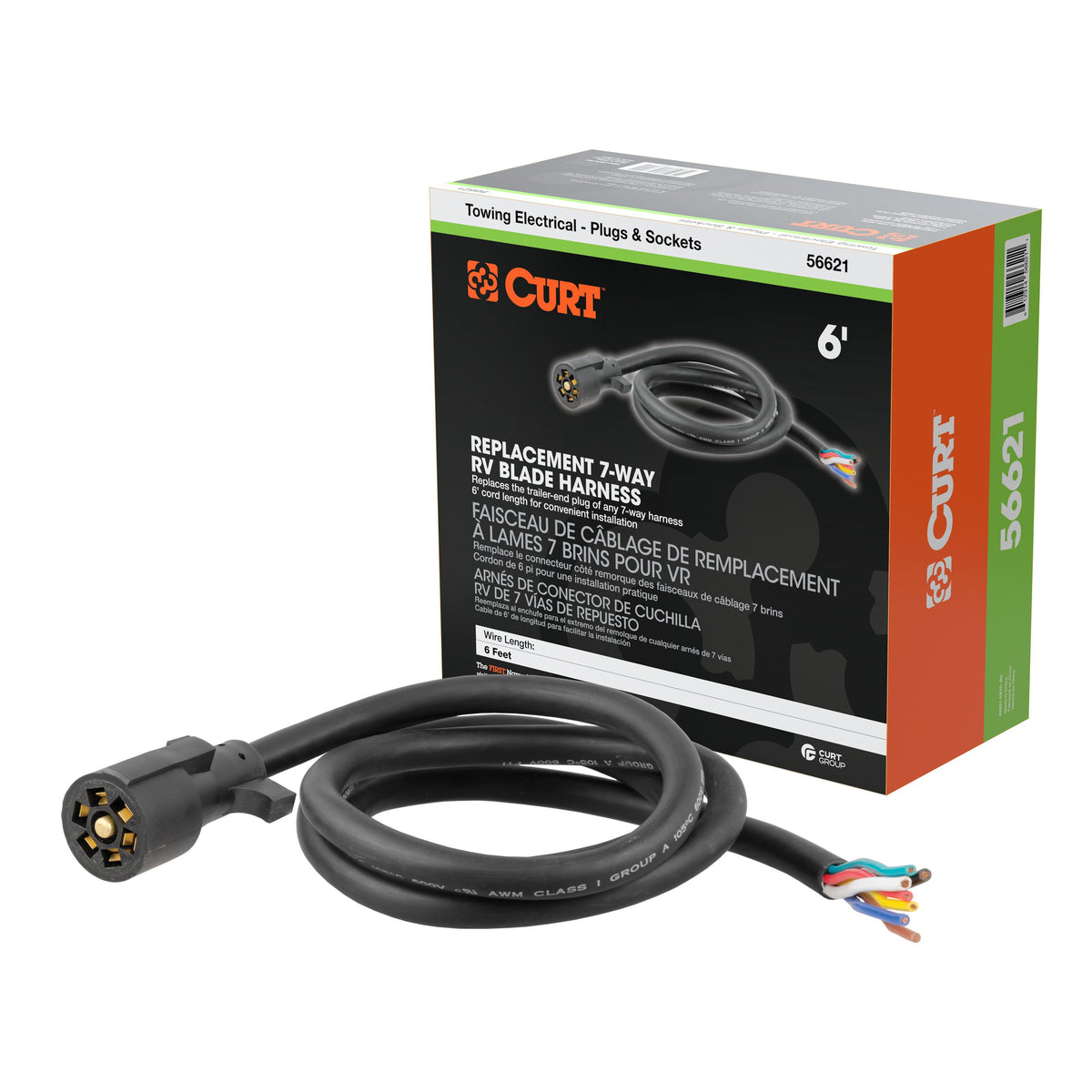 CURT Replacement 7-Pin RV Blade 7-Way Trailer Wiring Harness Plug, 6-Foot Blunt-Cut Wires, Boxed Model 56621