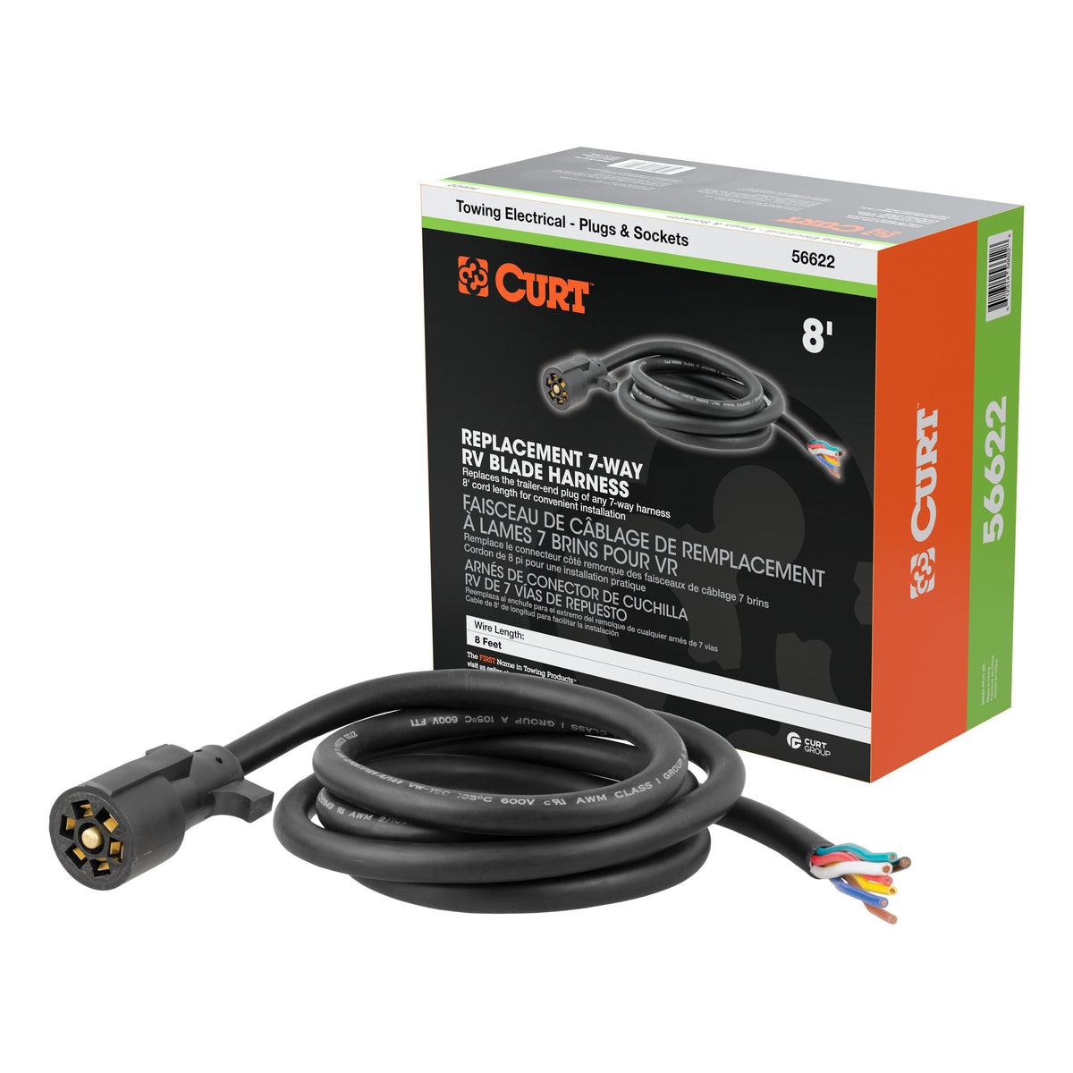 CURT Replacement 7-Pin RV Blade Trailer Wiring Harness Plug, 8-Foot Blunt-Cut Wires, Boxed Model 56622