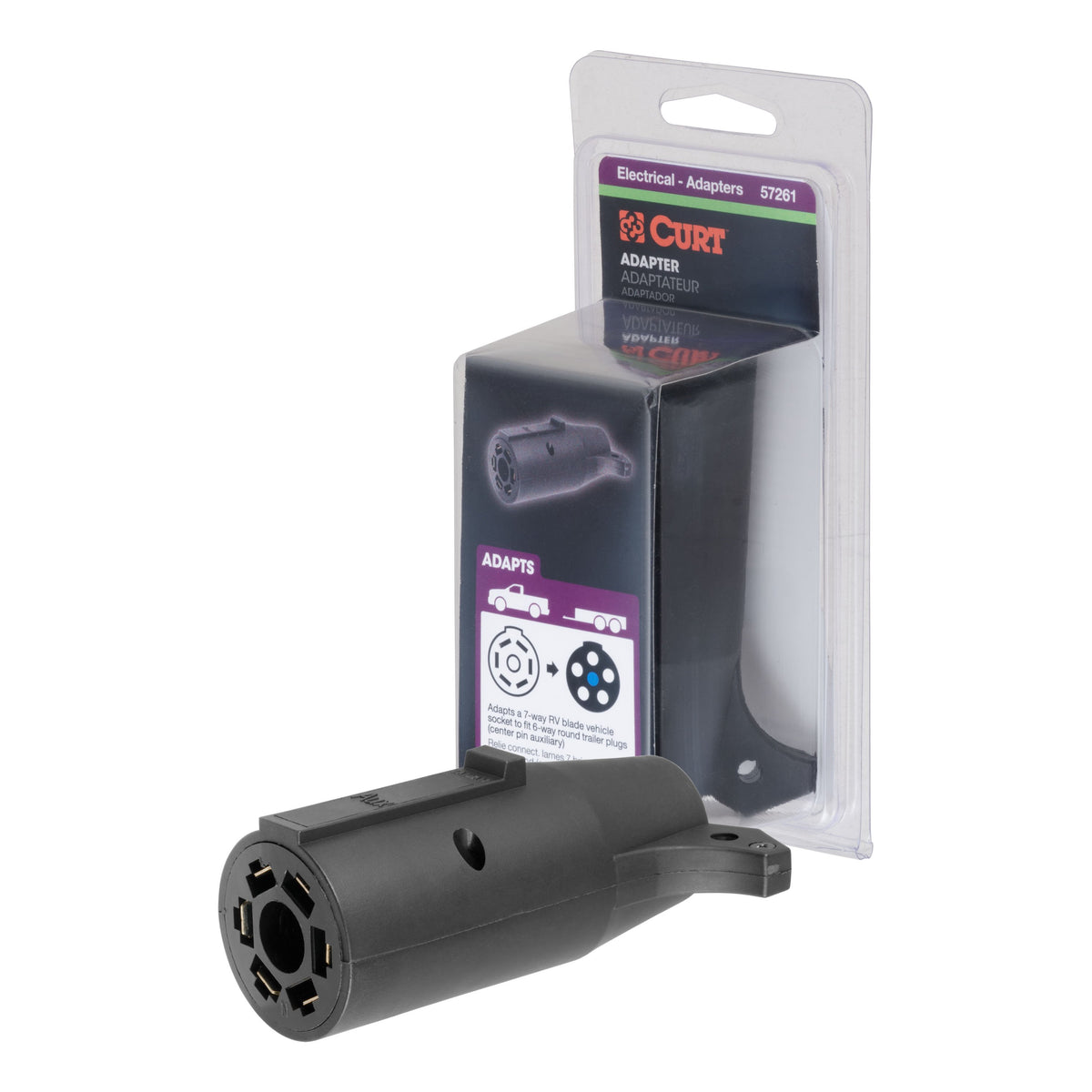 CURT 7-Way RV Blade Vehicle-Side to 6-Way Round Trailer Wiring Adapter, Center Pin Auxiliary Power Model 57261