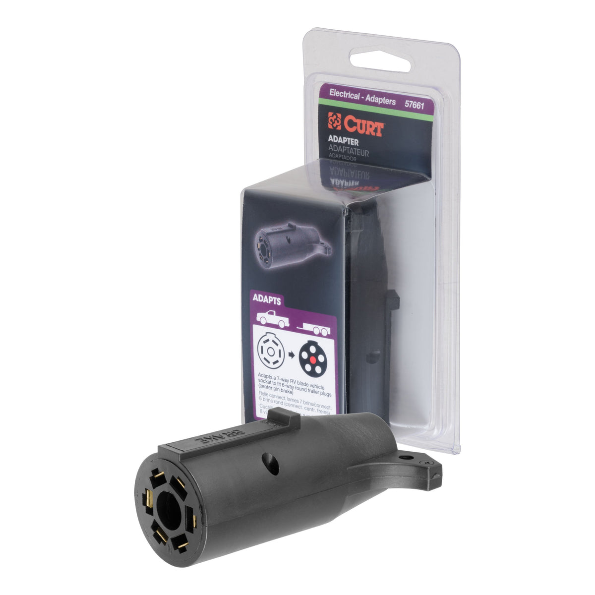 CURT 7-Way RV Blade Vehicle-Side to 6-Way Round Trailer Wiring Adapter, Center Pin Brake Lights Model 57661