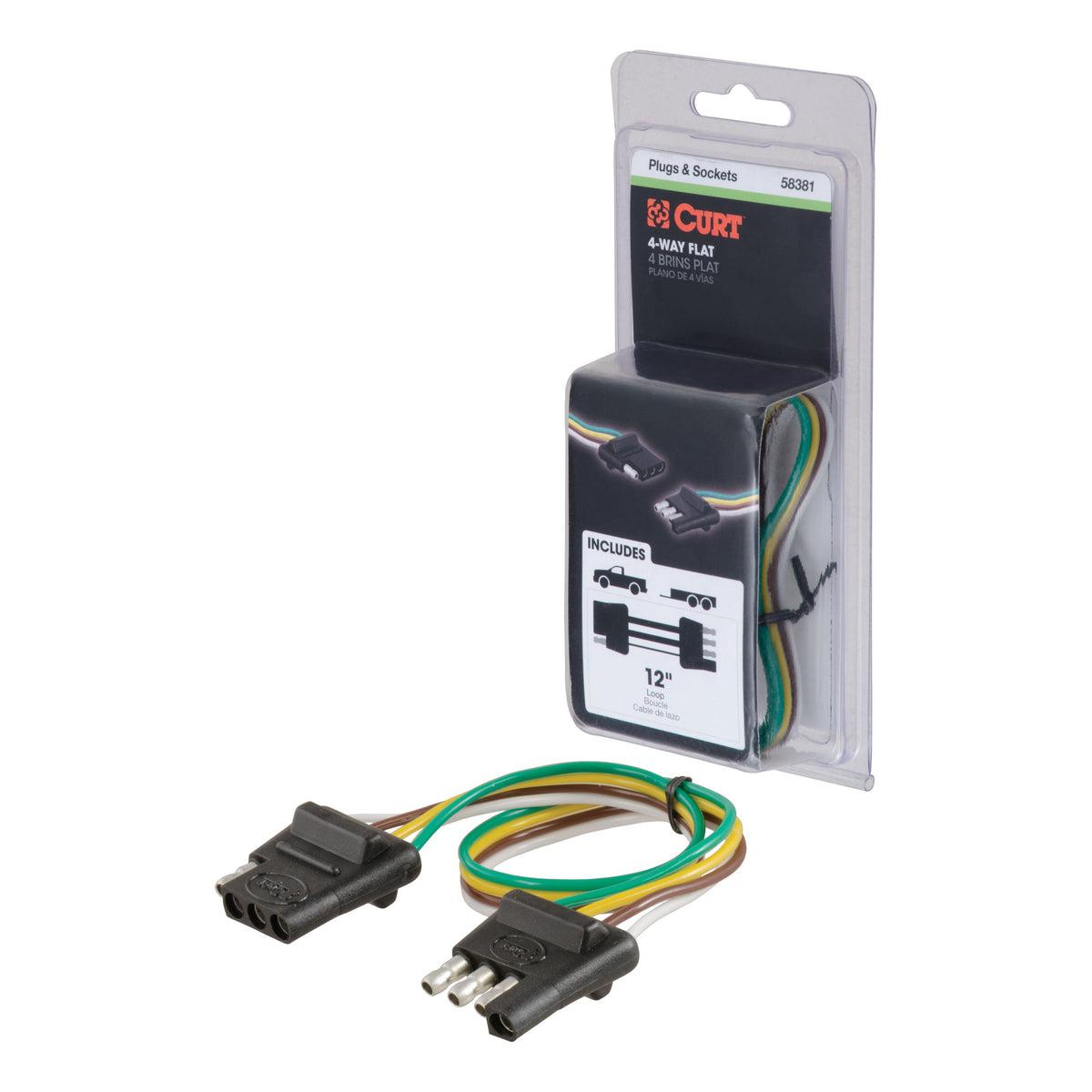 CURT Vehicle-Side and Trailer-Side 4-Pin Flat Wiring Harness with 12-Inch Wires Model 58381
