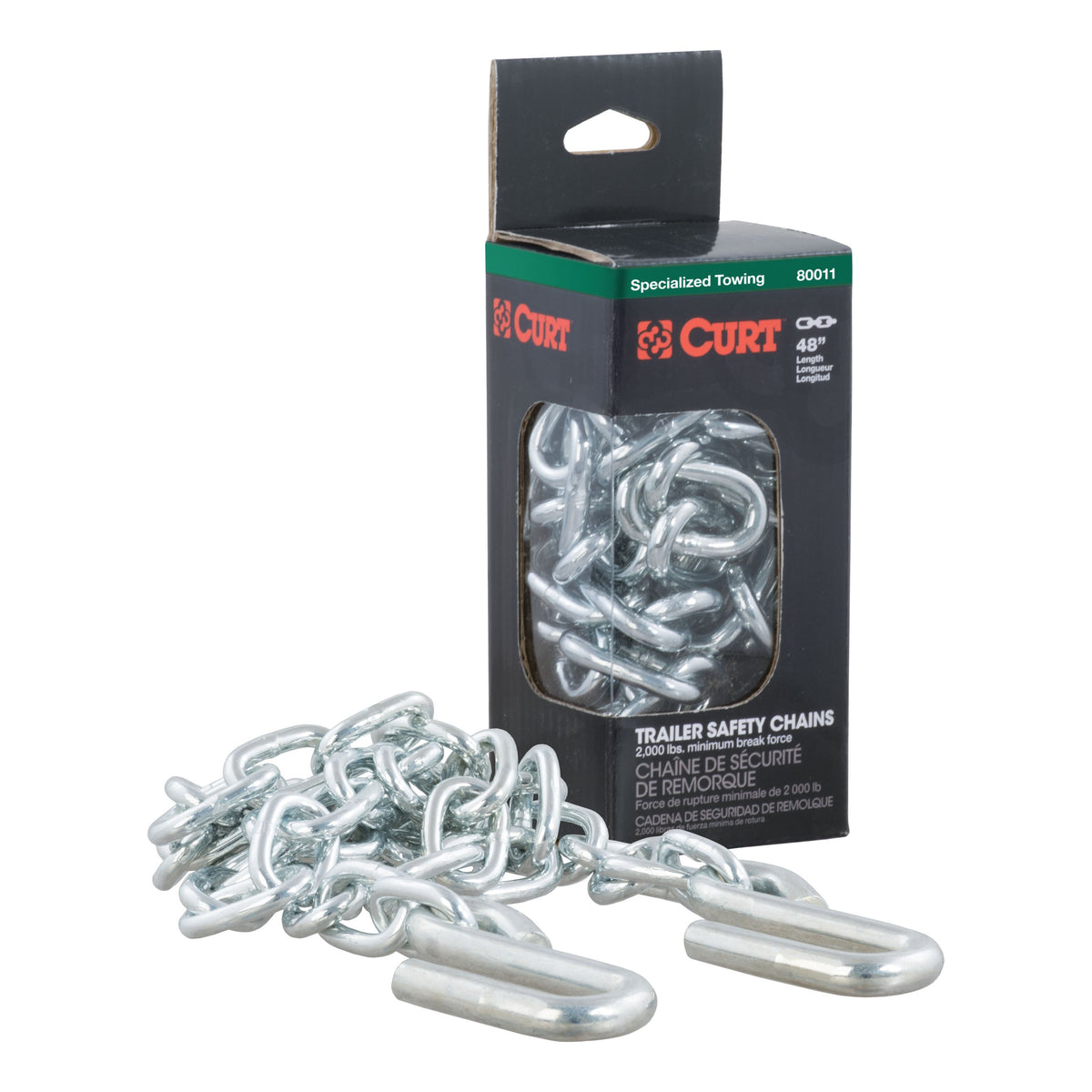 CURT 48-Inch Trailer Safety Chain with 3/8-In S-Hooks, 2,000 lbs Break Strength Model 80011