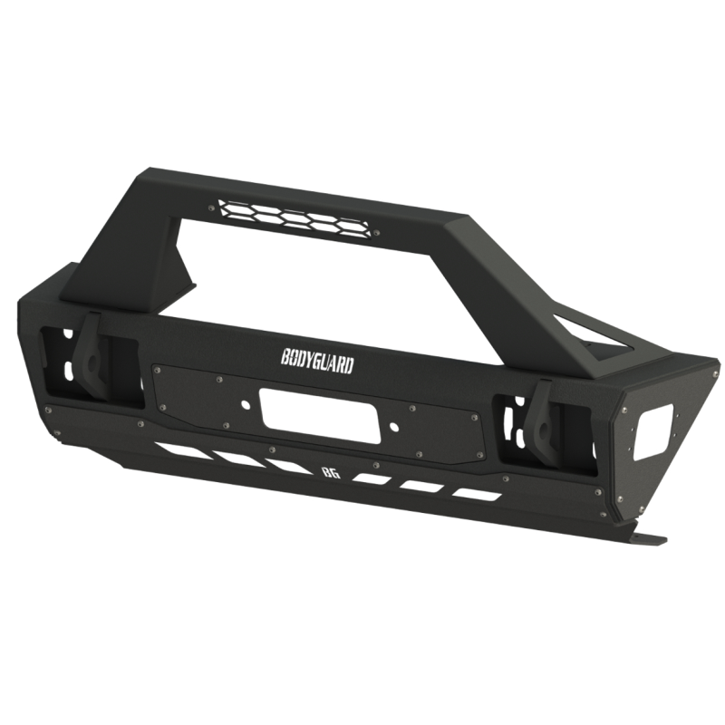 Bodyguard JK Front Bumper Stubby With Push Bar End Cap Light Cutouts With Camera Harness + Pod Bare Metal Model 58134BNB