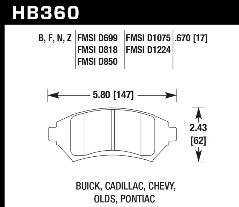 Hawk Buick/ Cadillac/ Chevy/ Olds/ Pontiac Front Performance Ceramic Street Brake Pads hawkHB360Z.670