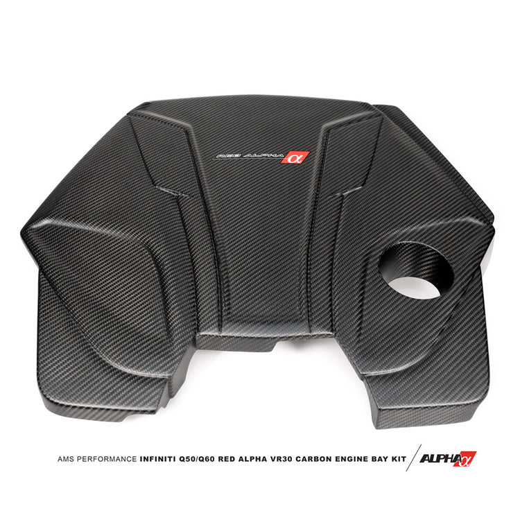 AMS Performance Red Alpha Matte Carbon Engine Cover for Infiniti Q50/Q60 2016-2021