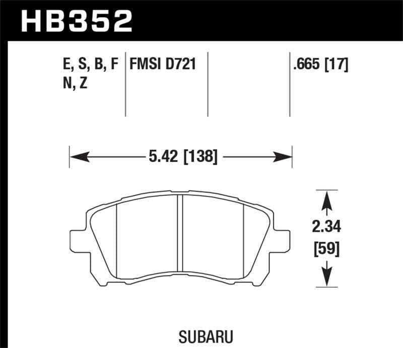 Hawk 02-03 WRX / 98-01 Impreza / 97-02 Legacy 2.5L / 98-02 Forester 2.5L D721 HP+ Street Front Brake HB352N.665