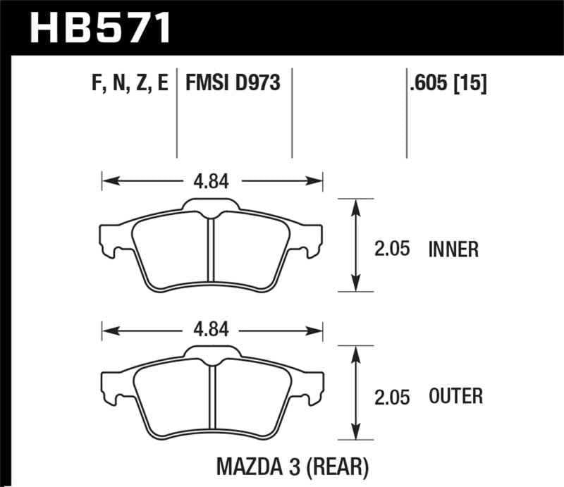 Hawk 07-09 Mazdaspeed3 / 06-07 Mazdaspeed6 / 06-07 Mazda3 HPS Street Rear Brake Pads HB571F.605