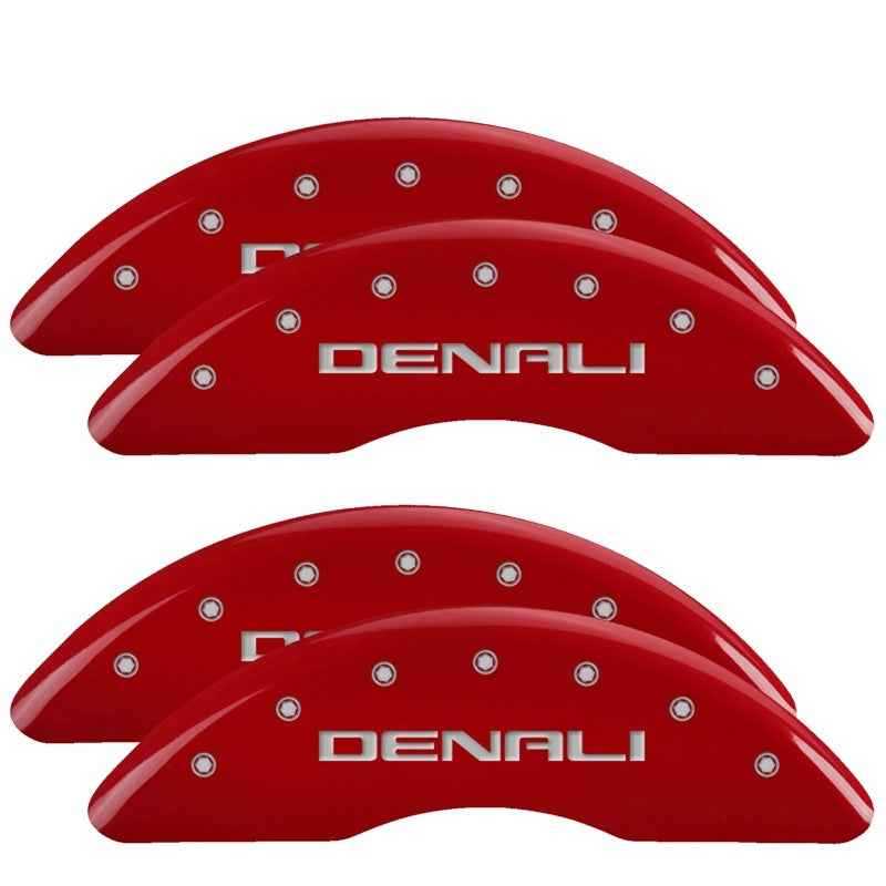 MGP 4 Caliper Covers Engraved Front & Rear Red Finish Silver Characters for 20-22 GMC Sierra 2500HD 34219SDNLRD