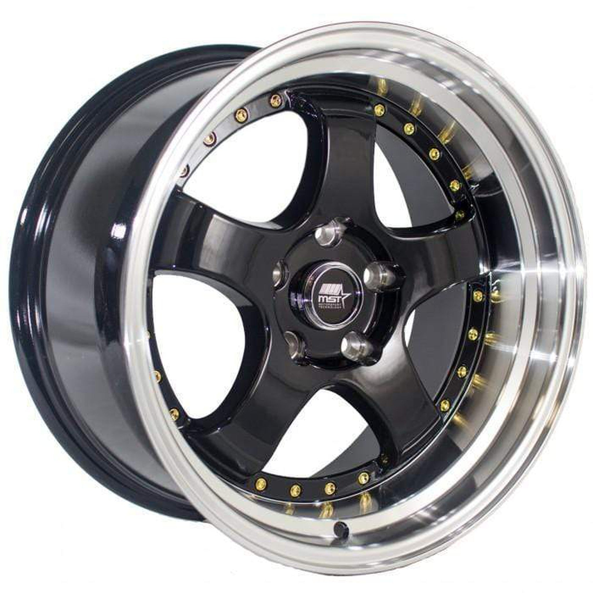 MST MT07 Wheel 17x9 20mm 5x114.3 73.1 Black w/Machined Lip Gold Rivets