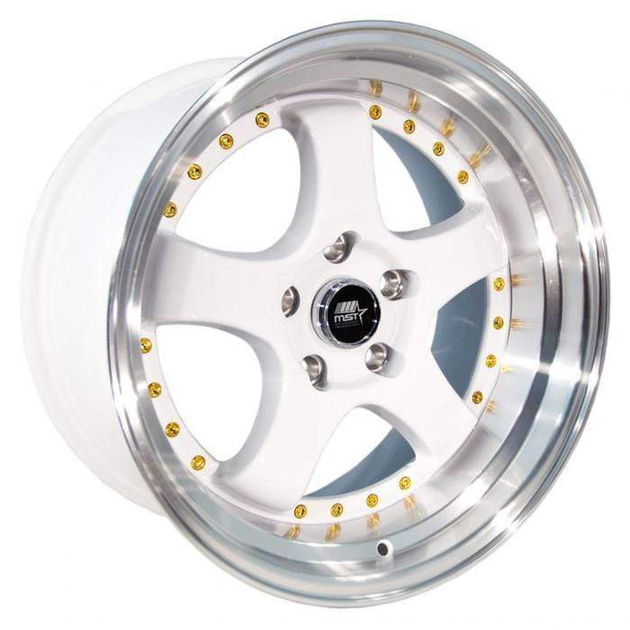 MST MT07 Wheel 18x9.5 20mm 5x114.3 73.1 White w/Machined Lip Gold Rivets | 07-89565-20-WTGL