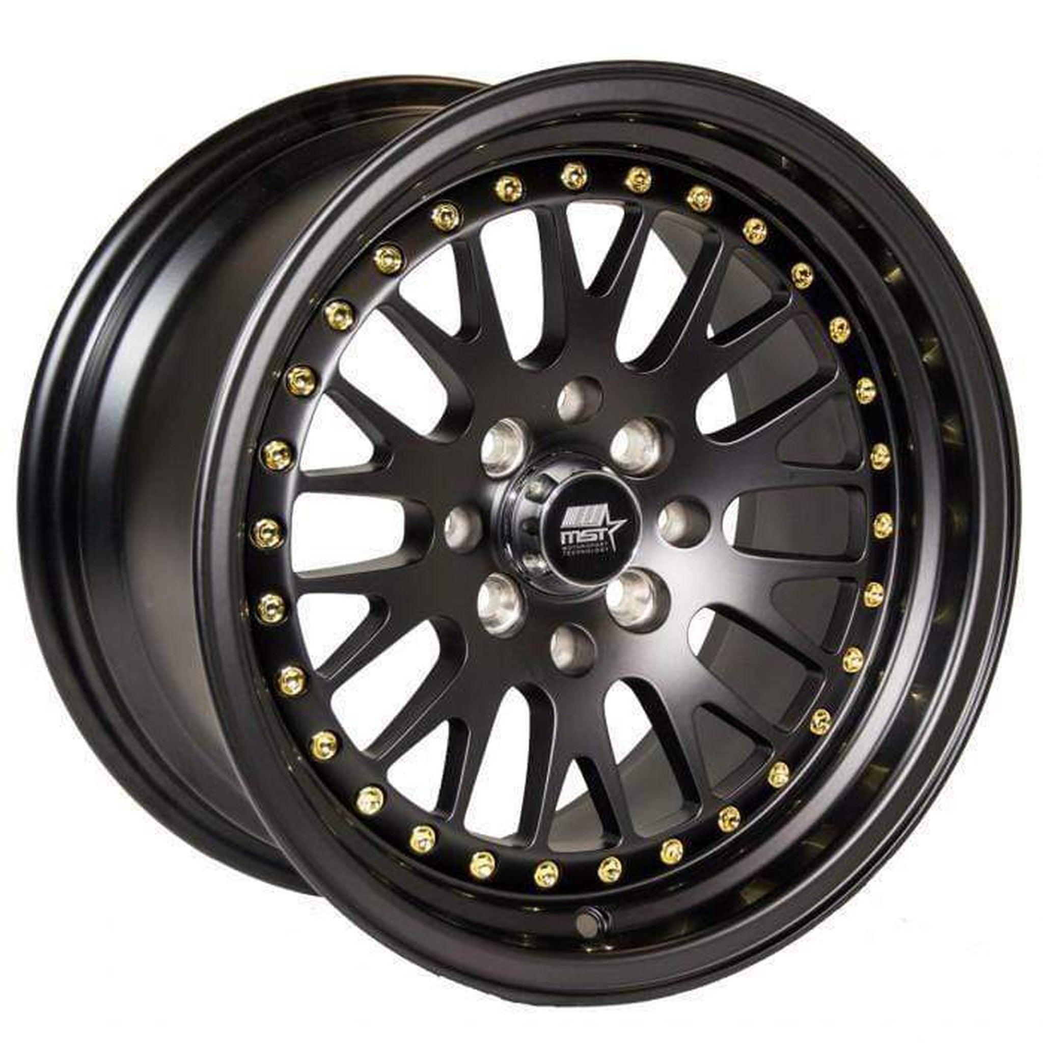 MST MT10 Wheel 15x8 25mm 4x100/4x114.3 73.1 Matte Black w/Gold Rivets
