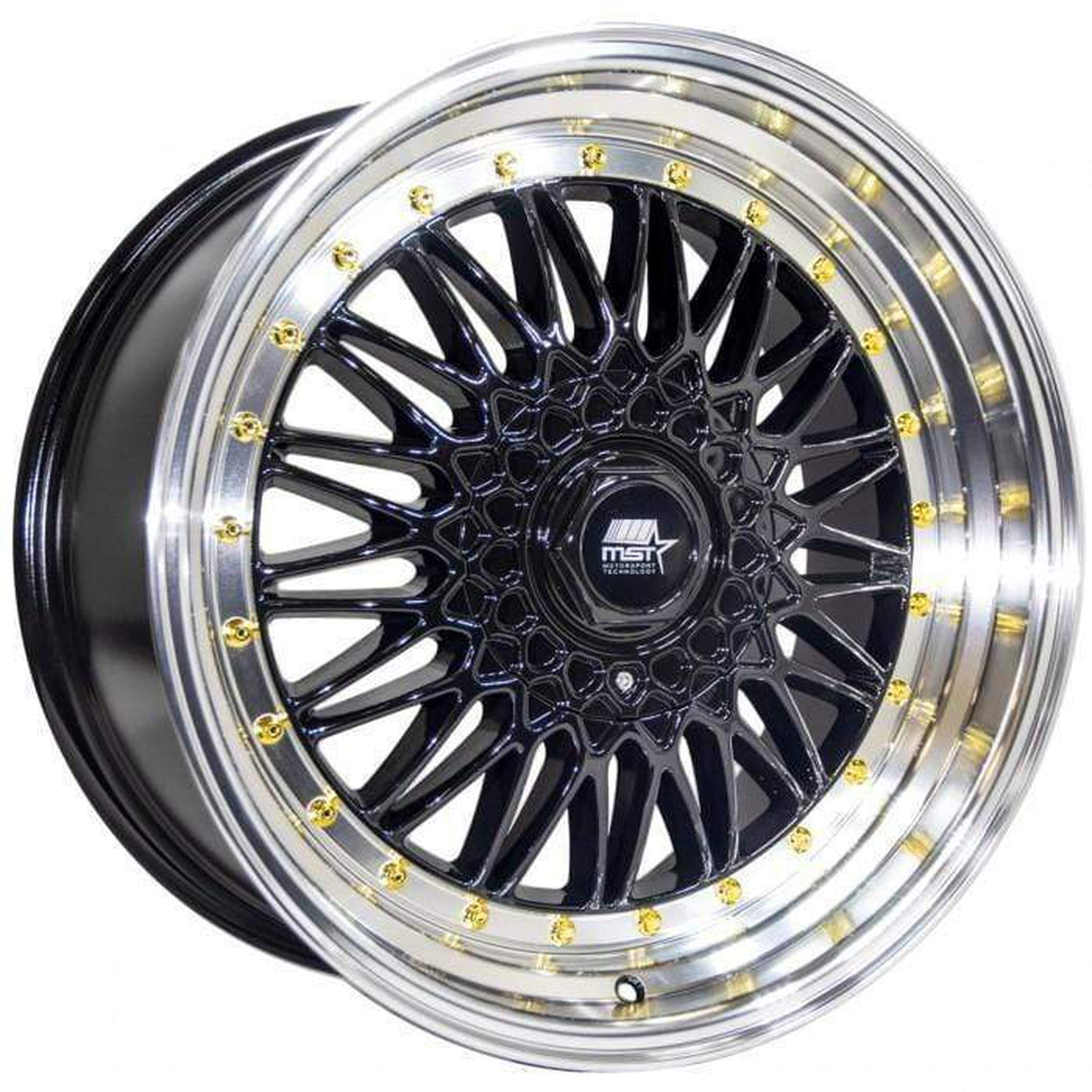 MST MT13 Wheel 15x8 20mm 4x100/4x114.3 73.1 Black w/Machined Lip Gold Rivets