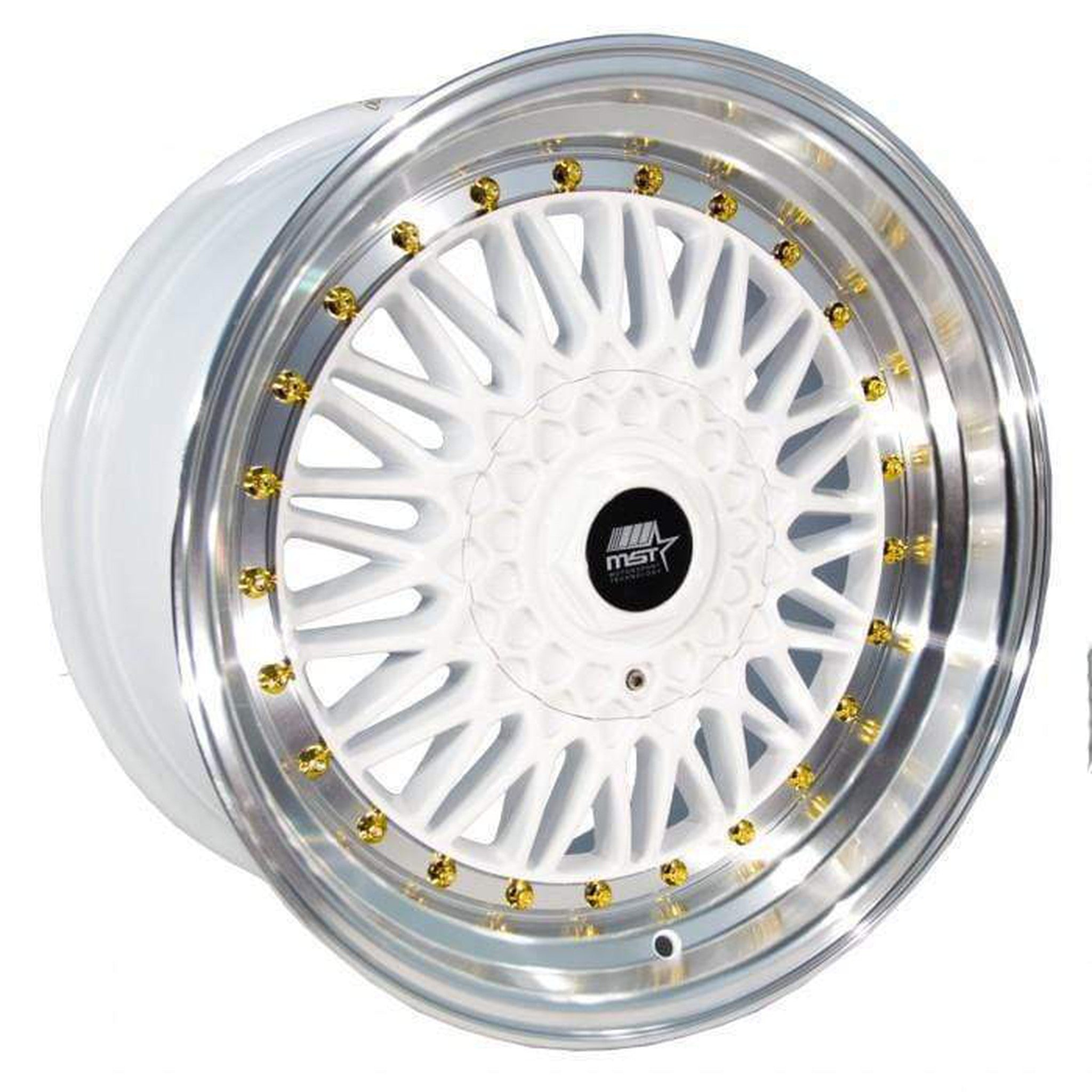 MST MT13 Wheel 15x8 20mm 4x100/4x114.3 73.1 White w/Machined Lip Gold Rivets