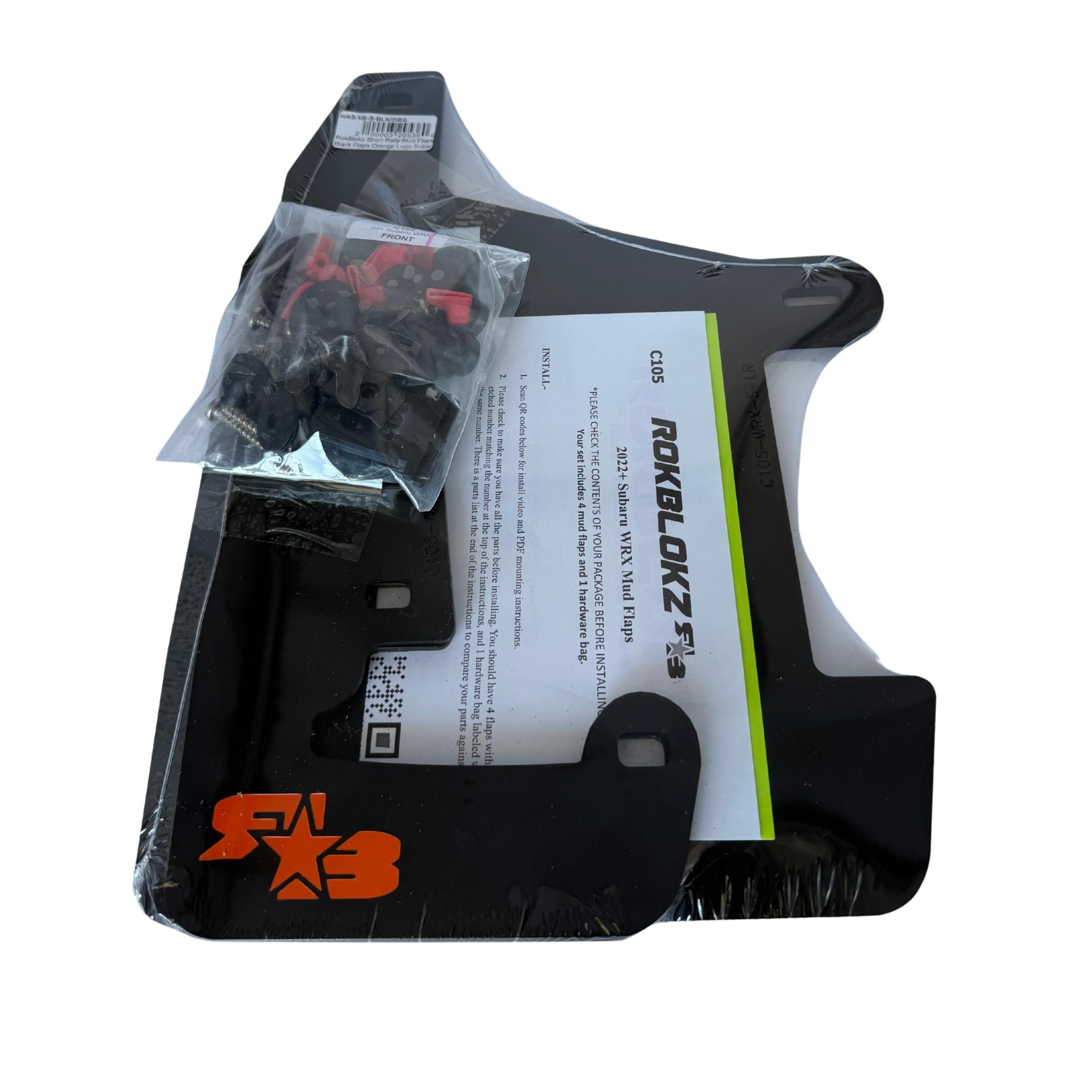 RokBlokz Short Rally Mud Flaps Black Flaps Orange Logo Subaru 2022-2025 WRX | S-VB-S-BLK/ORG