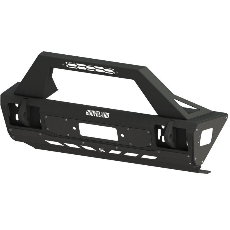 Bodyguard JL Front Bumper Stubby With Push Bar End Cap Light Cutouts No Camera Harness Or Pod Bare Metal Model 47077BNN