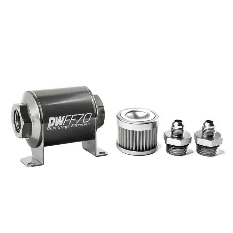 DeatschWerks Stainless Steel 6AN 10 Micron Universal Inline Fuel Filter Housing Kit (70mm) 8-03-070-010k-6