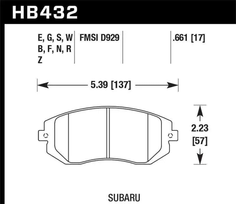 Hawk 03-05 WRX / 08 WRX / 09 Legacy 2.5i NA ONLY D929 HPS Street Front Brake Pads hb432f-661
