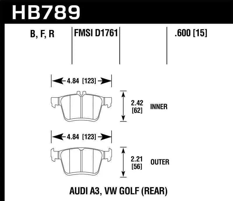 Hawk 15-20 Audi A3/S3 Performance Ceramic Street Rear Brake Pads hb789z-600