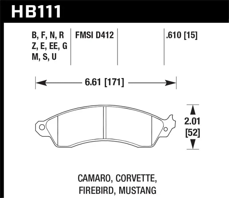 Hawk 1990-1990 Chevy Camaro Iroc-Z (w/Heavy Duty Brakes) High Perf. Street 5.0 Front Brake Pads hawkhb111b-610