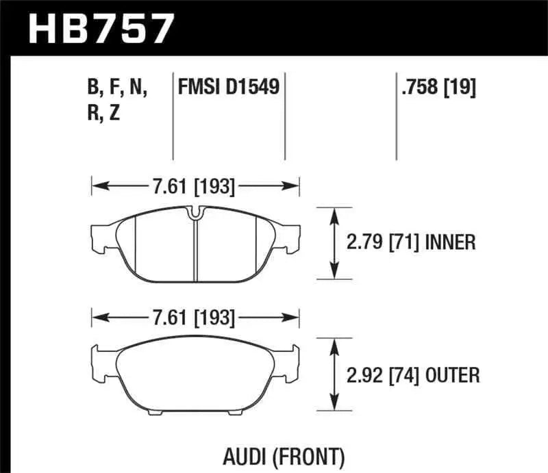 Hawk Audi 2013 A5 Quattro / 12-16 A6 Quattro/A7 Quattro/A8 Quattro HPS 5.0 Front Brake Pads hb757b-758