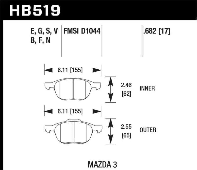 Hawk HPS 08-09 Mazda 3 / Ford/ Volvo HPS Street Front Brake Pads hb519f-682