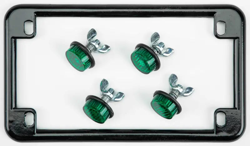 License Plate Frame W/4 Green Reflectors Black wps-60-1309