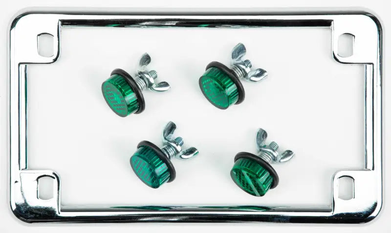 License Plate Frame W/4 Green Reflectors Chrome wps-60-1314