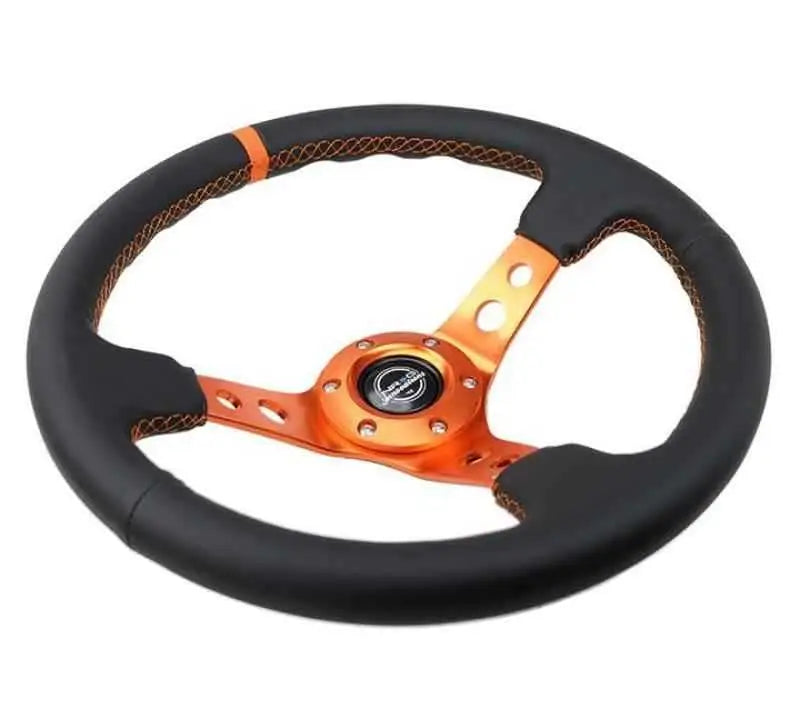 NRG Reinforce Steering Wheel (350mm / 3in. Deep) Blk Leather, Orange Center Mark w/ Orange Stitching rst-006or