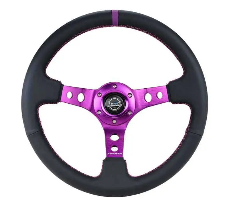 NRG Reinforced Steering Wheel (350mm / 3in. Deep) Black Leather w/Purple Center & Purple Stitching rst-006pp