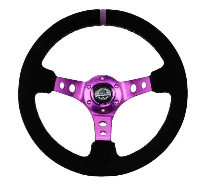 NRG Reinforced Steering Wheel (350mm / 3in. Deep) Black Suede w/Purple Center & Purple Stitching rst-006s-pp