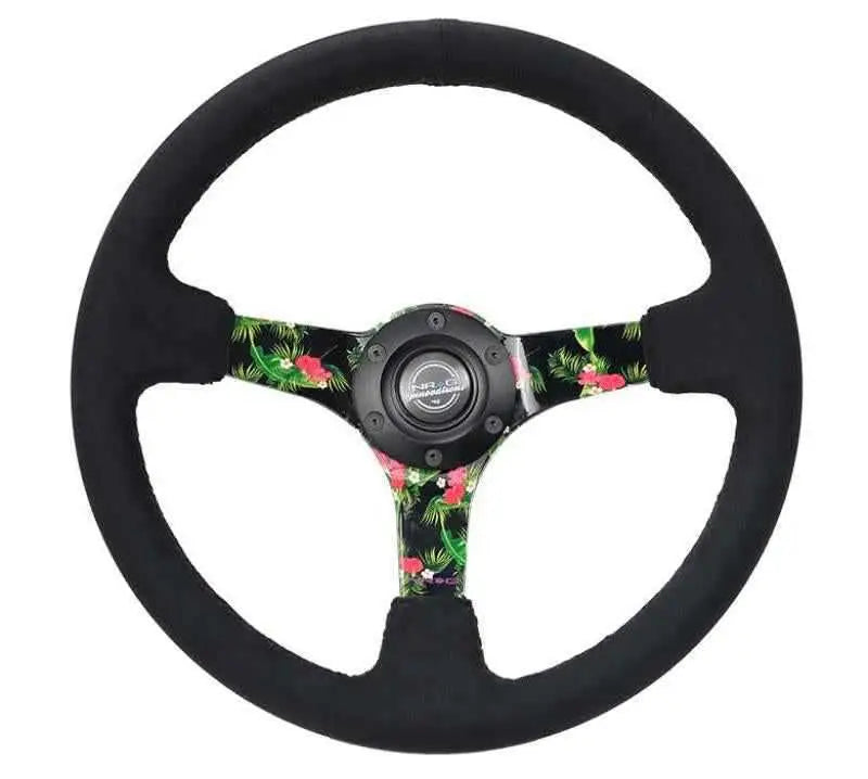 NRG Reinforced Steering Wheel (350mm / 3in. Deep) Black Suede w/ 5mm Floral 3-Spoke Center rst-036trop-s