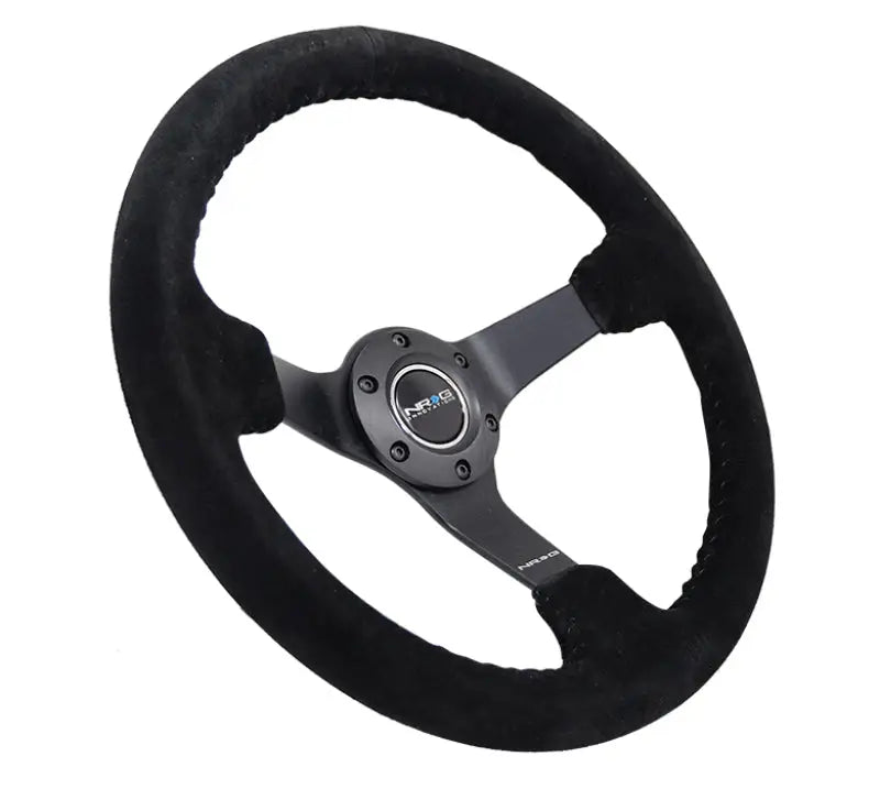 NRG Reinforced Steering Wheel (350mm / 3in. Deep) Blk Suede/Blk Bball Stitch w/5mm Matte Black Spoke nrgrst-036mb-s-bk