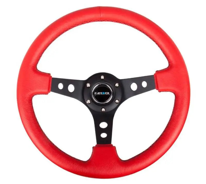 NRG Reinforced Steering Wheel (350mm / 3in. Deep) Red Leather/Blk Stitch w/Blk Spokes (Hole Cutouts) nrgrst-006rr-bs-b