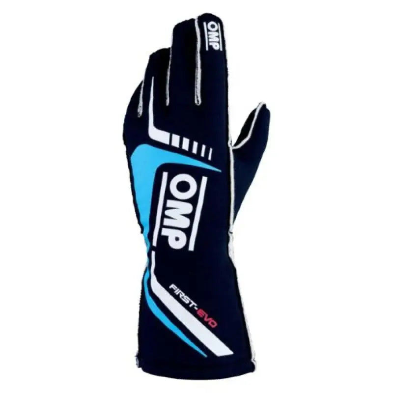 OMP First Evo Gloves Blu Navy/Ciano - Size S (Fia 8856-2018) ompib0-0767-a01-244-s