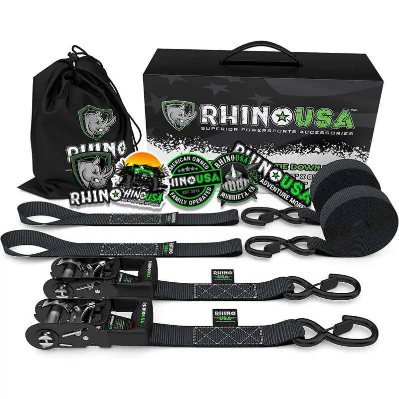 Rhino USA 1.6" x 8' Heavy Duty Ratchet Tie-Downs - Black, 2-Pack Set rsagrla-tdwn-set