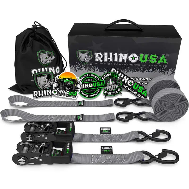 Rhino USA 1.6" x 8' Heavy Duty Ratchet Tie-Downs - Gray 2-Pack rsahdkit-2pk-gry