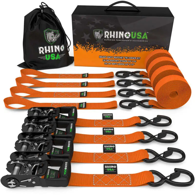 Rhino USA 1.6" X 8' Heavy Duty Ratchet Tie-Downs (Orange) - 4-Pack rsahdkit-4pk-org