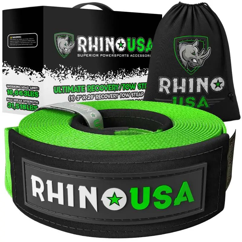 Rhino USA 3" x 20' Green Recovery Tow Strap rsarg-ts3x20-grn