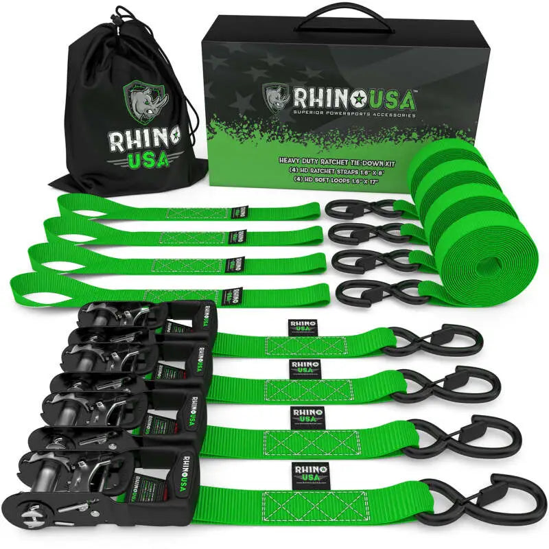 Rhino USA 4-Pack Heavy Duty Ratchet Tie-Downs (Green) - 1.6" x 8' rsahdkit-4pk-grn