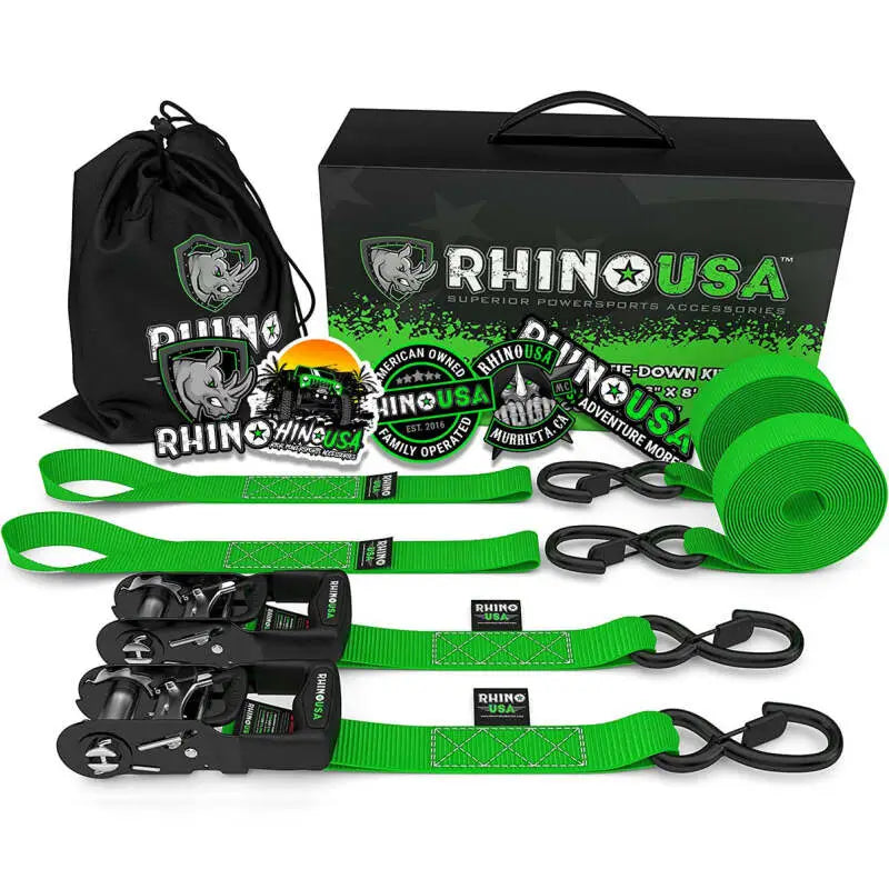 Rhino USA Premium 1.6" X 8' Heavy-Duty Ratchet Tie-Downs 2-Pack (Green) rsahdkit-2pk-grn