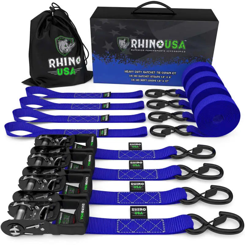 Rhino USA Premium Heavy Duty Ratchet Straps 4-Pack (Blue) 1.6" x 8' rsahdkit-4pk-blu