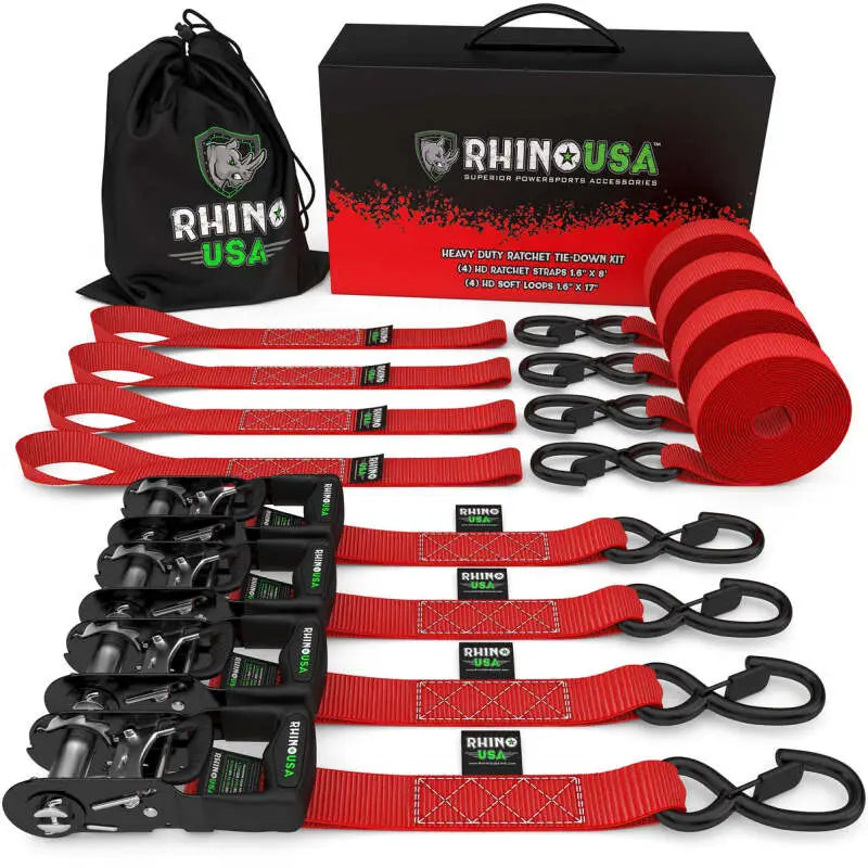 Rhino USA Premium Heavy Duty Ratchet Tie-Downs - Red 1.6" x 15' - 4-Pack rsatd-gc1-6x15-red