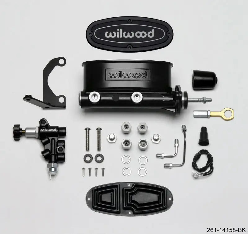 Wilwood HV Tandem M/C Kit w L/H Bracket & Prop Valve - 15/16in Bore Black-W/Push. - Early Mustang wil261-14158-bk